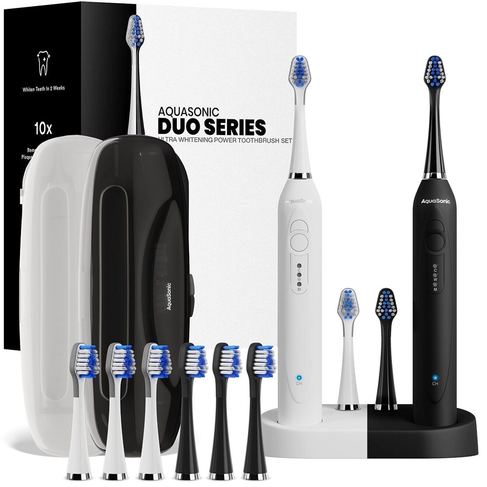 NEW AQUASONIC DUO SERIES ULTRA SONIC WHITENING TOOTHBRUSH SET 40000 VPM